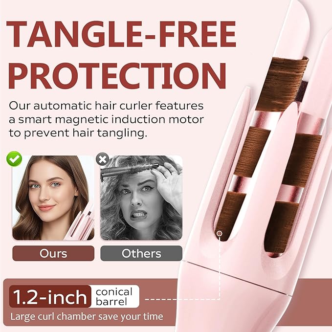 Automatic Rotating Curling Iron with 3 Temperature Fast Heating, Auto Hair Curler with Timer Settings, Anti-Tangle, Automatic Shut-Off and Scalding for Hair Styling, Pink
