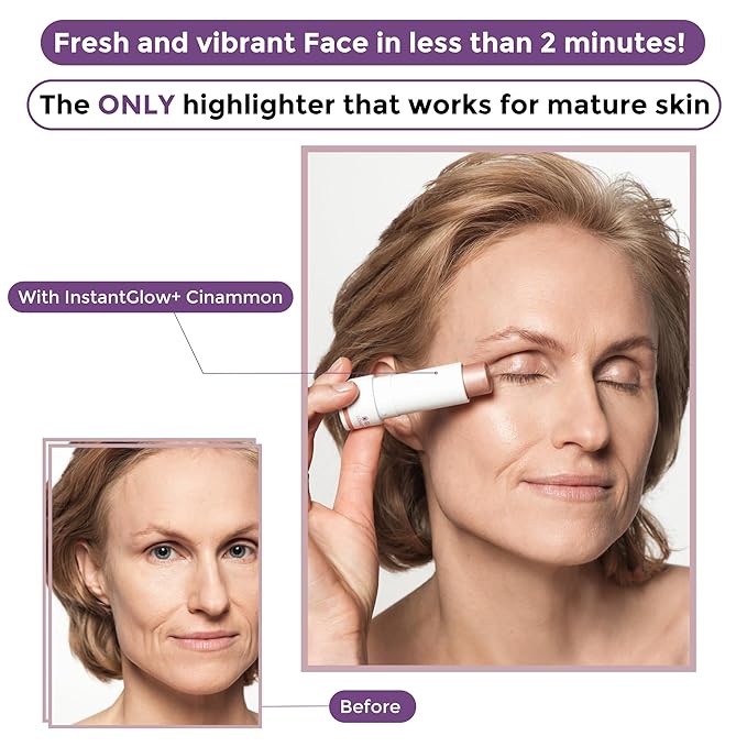 InstantGlow+ Multipurpose 4-in-1 Highlighter Stick For Older Women - Radiant Glow & Nourishing Formula - For Face, Shoulders, Decolletage - For Sensitive Eyes (Vanilla, Regular)