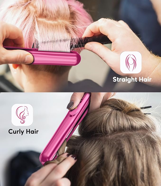 Terviiix Mini Flat Iron for Travel, 1/2'' Small Hair Straightener for Short Hair/Bangs, 0.5'' Portable Ceramic Straightening Irons, Dual Voltage, Pouch Included, Compact Size, Pink