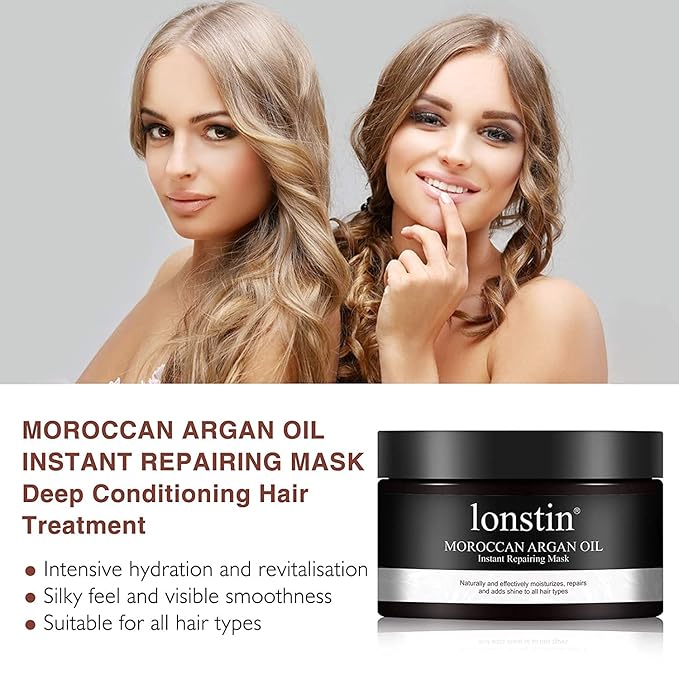 lonstin Hair Treatment Mask, Argan Oil Hair Mask Deep Conditioner Keratin Hair Mask Treatment for Dry Damaged Hair, Anti-Frizz & Split Ends, Hydrating Hair Repair Mask for Men Women, 10.14 Fl Oz