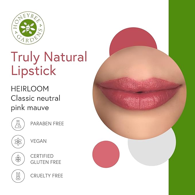 Honeybee Gardens Truly Natural Long Lasting Lipstick, Heirloom Lipstick, Classic Pink Mauve Neutral, Naturally Hydrating & Nourishing, Vegan, Gluten-Free & Cruelty-Free, 0.11 oz / 3 g