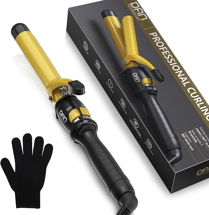 DAN Technology 1 Inch Curling Iron Wand for Soft Natural Waves, Tourmaline Ceramic Hair Curler with 180°F–430°F Adjustable Temperature, Fast Heating, Dual Voltage, Auto Shut-Off, Black & Gold