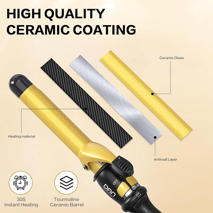 DAN Technology 1 Inch Curling Iron Wand for Soft Natural Waves, Tourmaline Ceramic Hair Curler with 180°F–430°F Adjustable Temperature, Fast Heating, Dual Voltage, Auto Shut-Off, Black & Gold