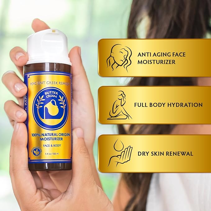 Ancient Greek Remedy Organic Face Moisturizer for Dry Skin - Anti Aging Face & Body Butter Cream - Almond, Jojoba, Olive, Rosehip, Vitamin E, Lavender Oil. Natural Lotion for Women & Men 3.4 oz