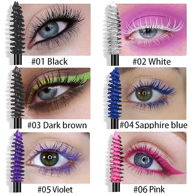6 Pcs Rainbow Color Fiber Mascara Set - Long Lasting, Thick, No Clumping, Hypoallergenic Colored Makeup