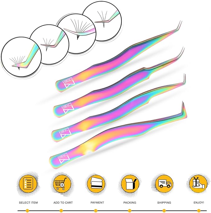 M LASH Eyelash Tweezers for Eyelash Extensions (Set of 4) - Professional Lash Extension Tweezers - Fiber Tip Lash Tweezers, Japanese Steel, Diamond Grip For Flawless Application (Green)