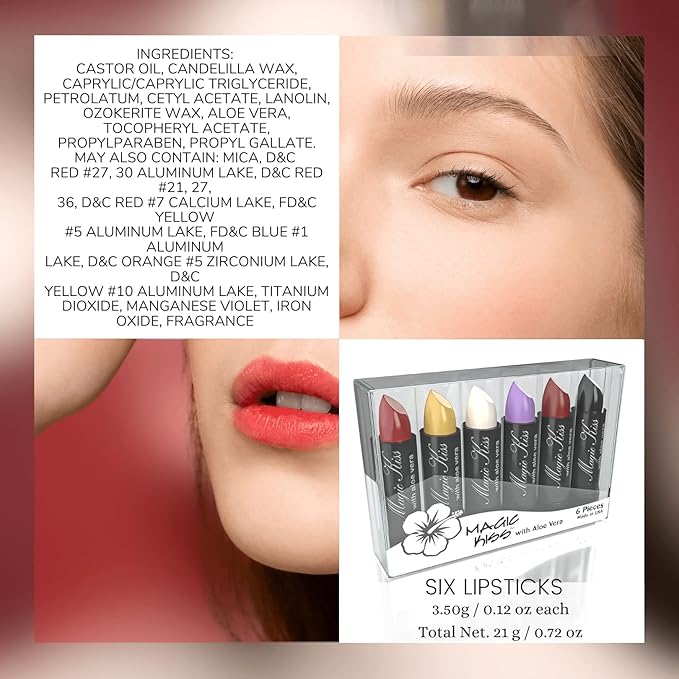 Magic Kiss Color Changing Matte 6 Piece Lipstick Set infused with Aloe Vera Made in USA (Colors of Aloha 2)