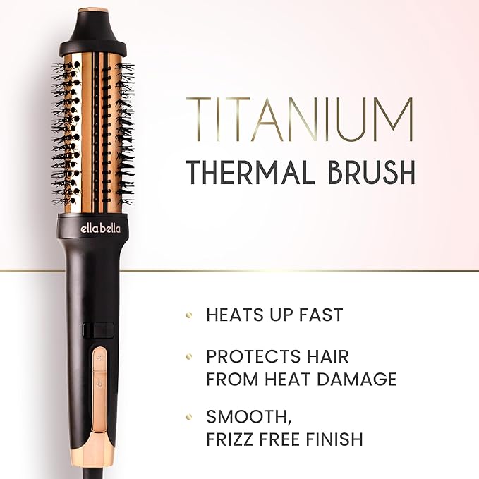 ELLA BELLA® Heated Round Thermal Blowout Brush • Negative ION Plasma Thermal Hot Hair Brush • Volumizer Styler & Curler in 1 • Fast HeatUp • Dual Voltage International Use • Swivel Cord, Auto ShutOff