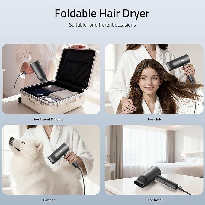 CONFU Diffuser Hair Dryer for Curly Hair,1500W Fast Drying Blow Dryer with Diffuser for Women,Compact & Portable Negative Ion Hairdryer Blowdryer,Lightweight and Foldable Design for Travel(Gray)
