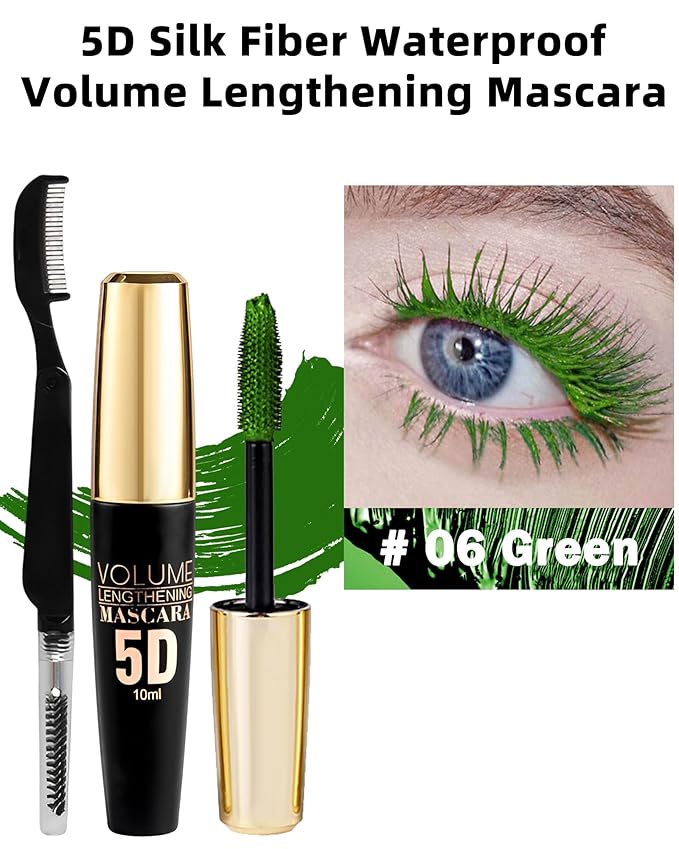 Green Waterproof Mascara for Eyelash, 5D Silk Fiber Lashes Extension Colored Tube Mascara with Eyelash Brush, Long Lasting Smudge-proof Volumizing Lengthening, St Patrick's Eye Makeup Gift for Women