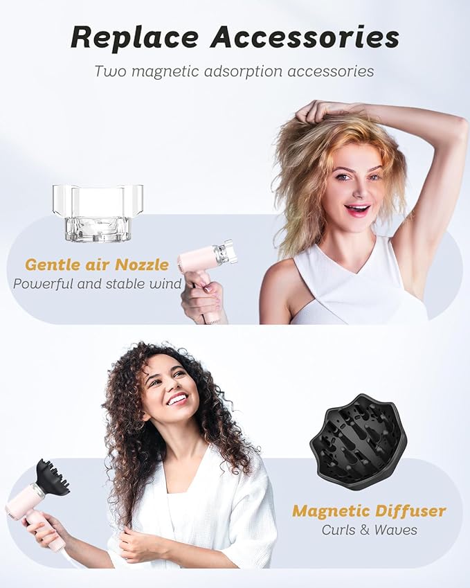 Hair Dryer - Mini HairDryer, Ionic High-Speed Motor for Fast Drying, Portable Lightweight Blow Dryer, Quiet Blowdryer with Magnetic Curly Diffuser & Concentrator for Home Travel ONLY 110V