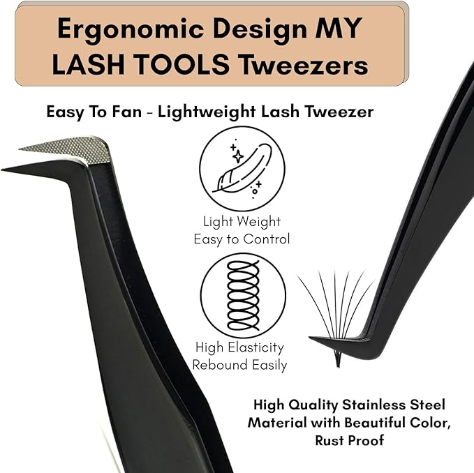 My Lash Tools Lash Tweezers For Eyelash Extension Precision Fiber Tip Lash Tweezers for Eyelash Extensions 90 Degree Mega Volume Boot tweezers for women | Pro Stainless Steel Lashing Tweezers (Black)