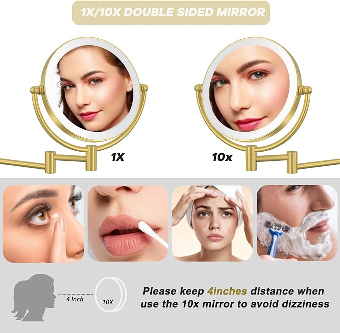 Make up Mirror Wall Mounted Lighted 10X Magnifying, 8" Double Sides 3 Color Lighting Touch Dimming, 360 Swivel Extended Arm Shaving Light up Mirror Hard Wired for Bathroom, Brushed Gold