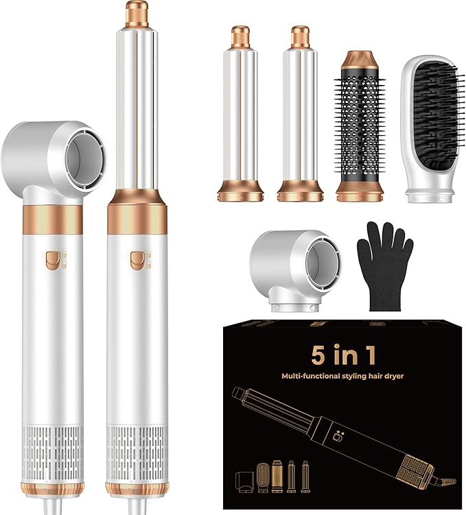5 in 1 Blow Dryer Brush Set,Hot Air Styler Negative Ion Air Curling Wrap Air Curler, Round Brush Blow Dryer Curling Iron Hair Styling Tools Gift for Dry,Volumize, Straight,Curl,100-120V