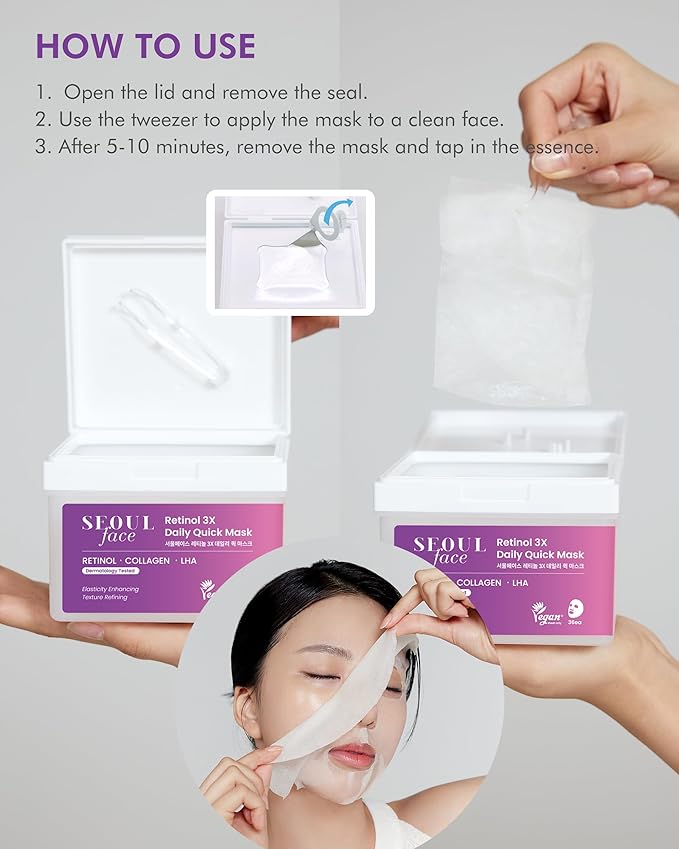 DERMAL Seoul Face Retinol + LHA Daily Quick Sheet Mask, 36 Count Pull-Out Dispenser Box with Tweezers, Pore & Wrinkle Care, Collagen + Peptides, Vegan Tencel