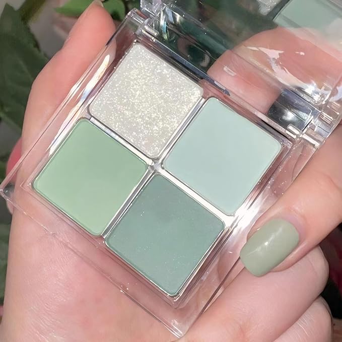 Matte Light Green Glitter Eye Shadow Makeup Palette 4 Colors, Highly Pigmented Mint And Seafoam Green Waterproof Eyeshadow Palette For Woman