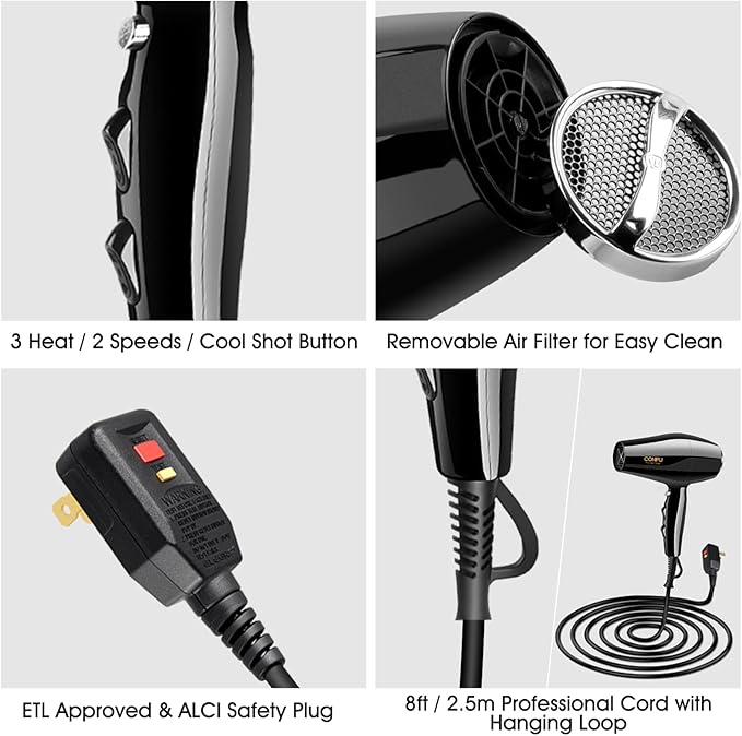 Professional Salon Hair Dryer, CONFU 1875 Watt Negative Ionic Fast Drying Blow Dryer, AC Motor Low Noise Hair Blow Dryer with Diffuser & 2 Concentrator Nozzles