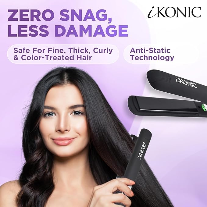 IKonic 100% Tourmaline Ceramic Hair Straightener & Curler, Anti-Static Infrared Ionic 2-in-1 Dual Voltage Flat Iron, 1” Floating Plates, Temp 140–450°F, Frizz-Free & Fast Heat Hair Iron (Pack of 2)