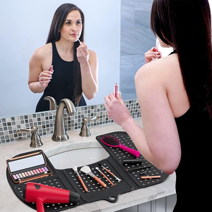 Sink Topper Bathroom Sink Cover for Counter Space & Storage Saver | RV Must Haves | Silicone Foldable Beauty Makeup Brush Cleaning Mat | Hot Tools Organizer | RV Sink Cover | Large, Black