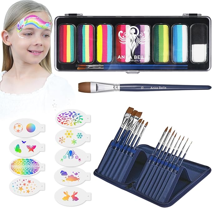 Anka Bella Professional Face Painting Kit for Kids,8X10gm Water Based Split Cake Face and Body Paint with Brushes,Hypoallergenic & Non-Toxic,Gift for Birthday Parties/Halloween/Carnival
