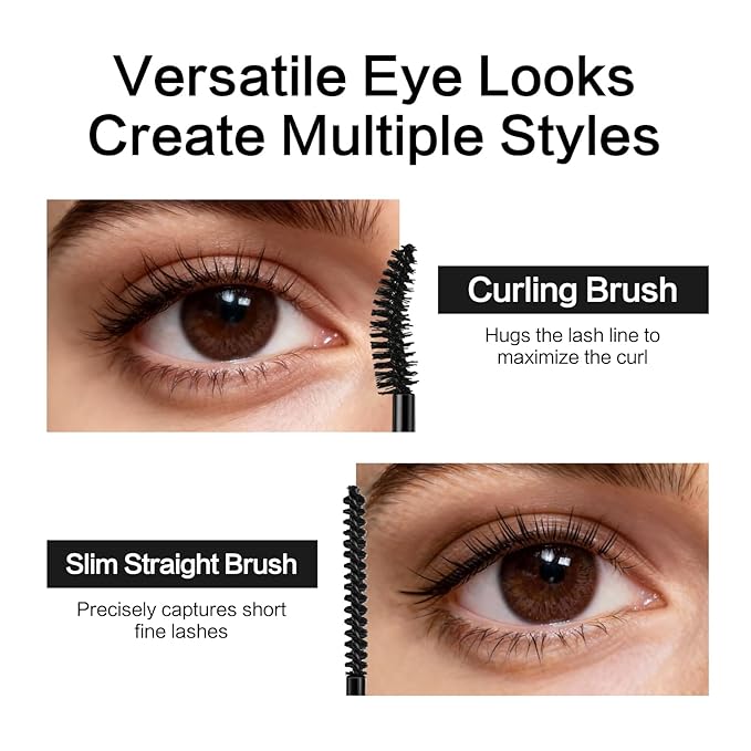 CARSLAN Double Extension Curling Mascara, Dual Brush Design for Lengthening & Curling for All Lashes, Natural Volume, Quick-Dry Smudge-Proof All Day Wear, Black, 0.18 Fl Oz & 0.16 Fl Oz