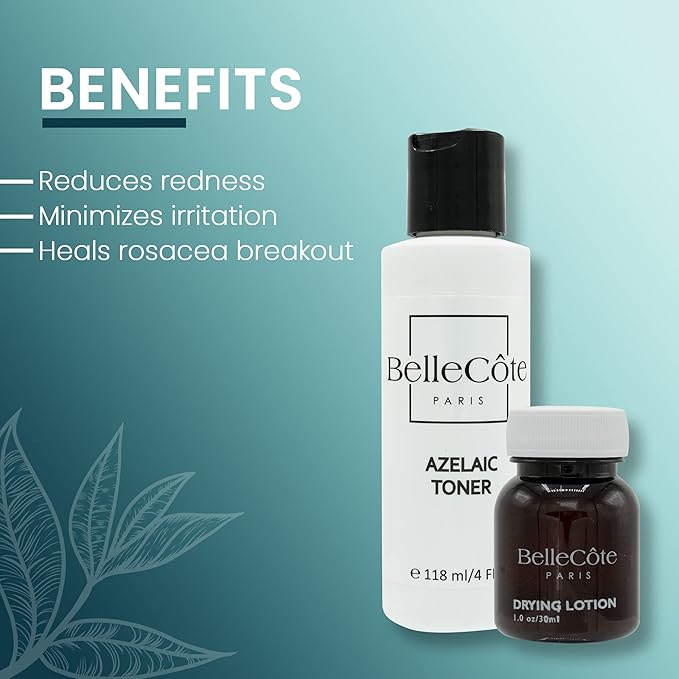 Azelaic Toner & Drying Lotion Duo - Face Treatment Set for Rosacea & Cystic Acne, Soothing Redness Relief, Shrinks Whiteheads & Pores | Normal to Oily Skin