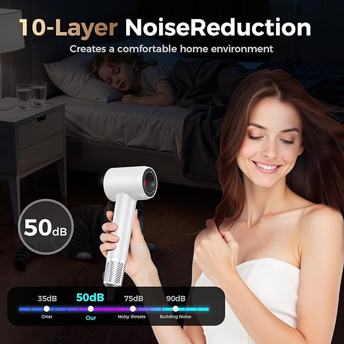 Infrared Hair Dryer, with Magnetic Nozzle - 160000 RPM Quiet lonic Blow Dryer for Women, with Frizz Control & No Heat Damage, Red Light Negative Ions, Fast Drying, for All Hair Types