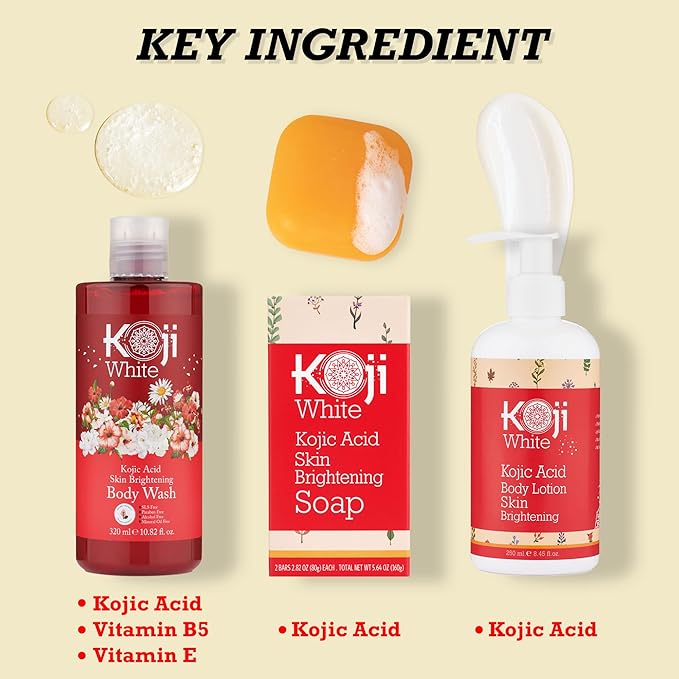 Koji White Gift Set for Women Bath Set - Kojic Acid Soap, Body Wash and Body Lotion for Glowing Skin, Moisturizer, Nourishing, Even Skin Tone, Vegan Skincare Gift Set (3 Pcs)