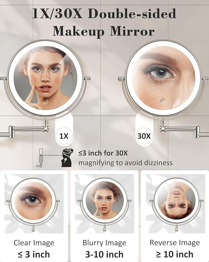 30X/1X Wall Mounted Lighted Makeup Mirror, 9'' Height Adjustable Double Sided 5000mAh Rechargeable Magnifying Bathroom Mirror with Light, 3 Color Modes Touch Dimmable Extended Arm 360 Rotation