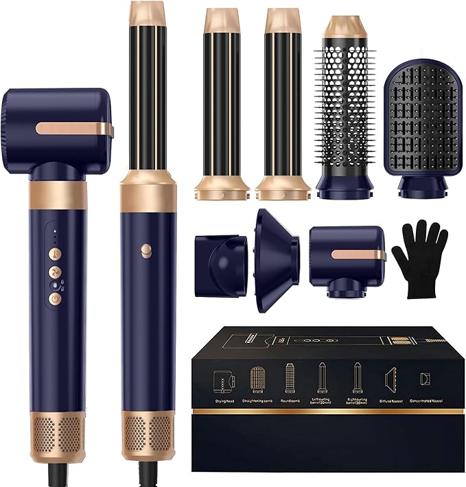 7 in ONE Hair Dryer Brush, Powerful Blow Dryer Brush with Auto- Wrap Curler, Detachable Fast Drying,Volumizing, Curling, Straightening, Ionic Hair Dryer with Diffuser, Hair Styling Tools 100-120V