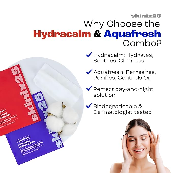 Hydracalm & Aquafresh Facial Cleansing Pads – 60 Individually Wrapped Cotton Wipes | On-the-Go Face Wipes for Travel, Gym & Daily Skincare | Hydrating + Oil-Control Cleansing Pads for All Skin Types