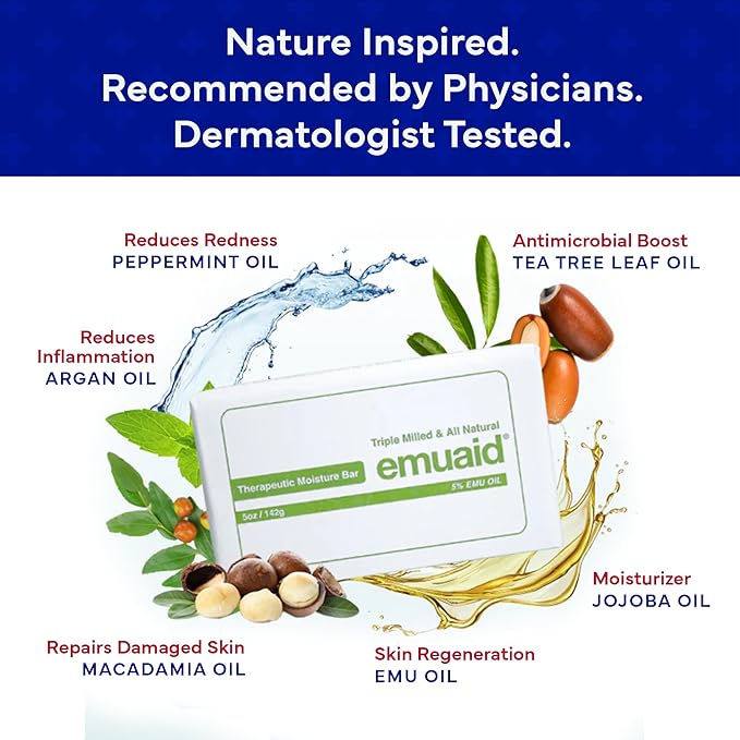 emuaid Therapeutic Moisture Bar – Medicated Face & Body Cleansing Bar for Fungal-Prone Skin, Jock Itch & Irritation Relief, Soothes & Hydrates with 5% Emu Oil, Tea Tree & Natural Oils, 5oz