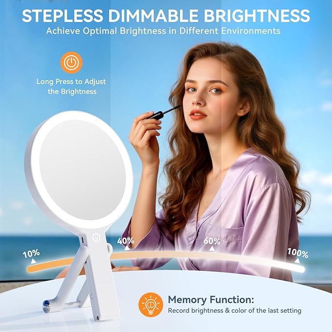 Auxmir Travel Makeup Mirror with Lights, 30X/1X Double-Sided Magnifying Mirror, Rechargeable Lighted Hand Mirror with 3 Color Lighting & Adjustable Brightness Tabletop Hanging Portable Handheld