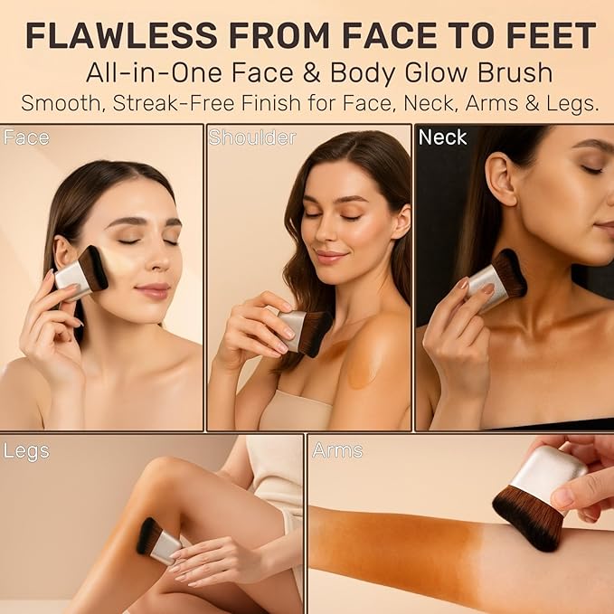 Travel Self Tanner Brush – Kabuki Foundation Brush for Face & Body, Full Coverage Body Makeup Brush for Flawless Leg Makeup, Vegan Bronzer Brush, Foundation & Lotion Blending Applicator Tool