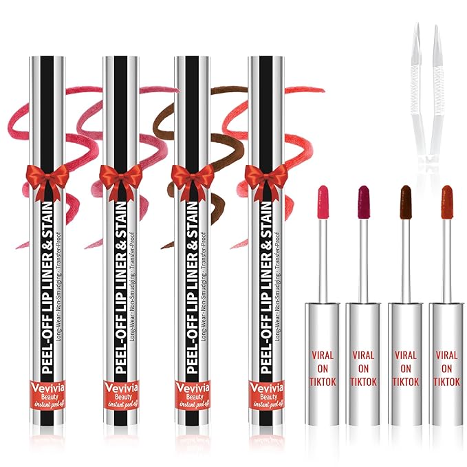 4pcs Lip liner Stain Peel Off,Lip Stain Waterproof Long Lasting,2-in-1 Lip Liner with Tweezer,Peel Off Lip Color,Stay On All Day,Perfect for Gift ,Highly Pigmented Color(Cocoa+Rose+Nude+Mauve)