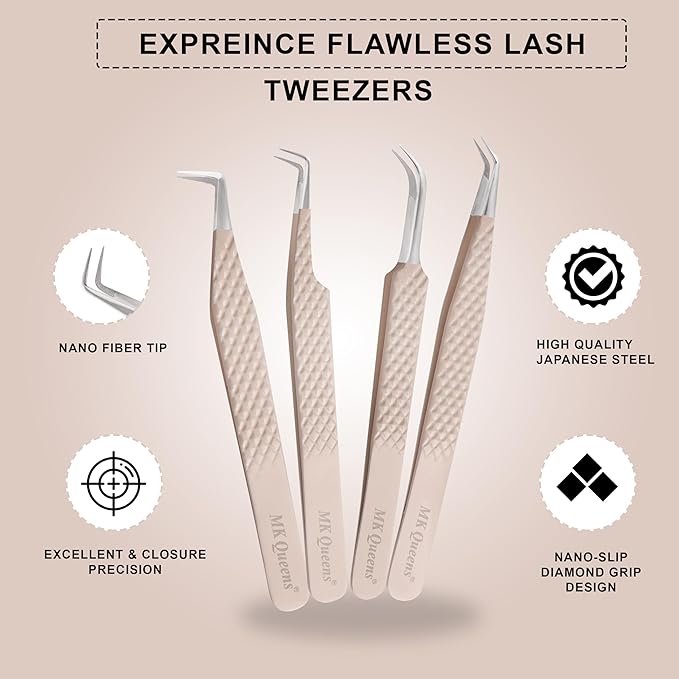 Fiber Tip Lash Tweezers For Eyelash Extension Tweezers Professional Eyelash Extension Tweezer - Set of 4 Pcs Diamond Grip Stainless Steel Fiber Tweezer (4, Peach)