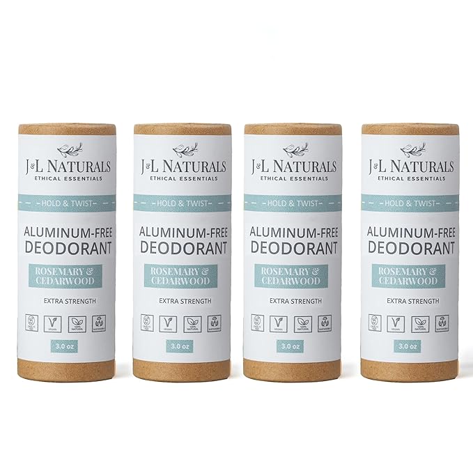 J&L Naturals Aluminum Free Deodorant for Men & Women | 100% Natural Ingredients With Coconut Oil, Shea Butter, & Essential Oils | Sustainable, Eco-Friendly (Rosemary & Cedarwood, 3.0 Oz (Pack of 4))