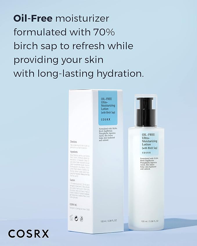 COSRX Oil Free Lotion with Birch Sap, Daily Acne Facial Moisturizer, Hydrating Moisturizer for All Skin Types, Korean Skin Care, Paraben free, 3.38 fl.oz / 100ml