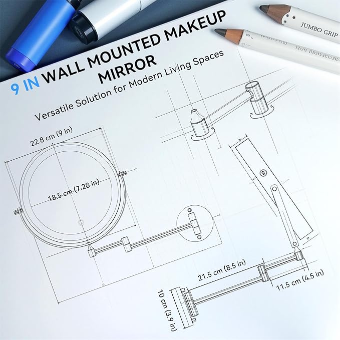 9'' 30X/1X Wall Mounted Lighted Makeup Mirror, 5000mAh Rechargeable Double-Sided Magnifying Mirror with Light, Vanity Mirror Touch Dimmable 3 Colors 360° Rotation Extended Foldable Arm, Power Adapter