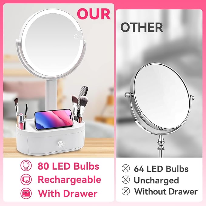 Makeup Mirror with Lights, Lighted Makeup Mirror with Magnification, 80 LED Vanity Mirror with Lights, 3 Color Modes & Stepless Dimming, Shatterp roof & Stable Base