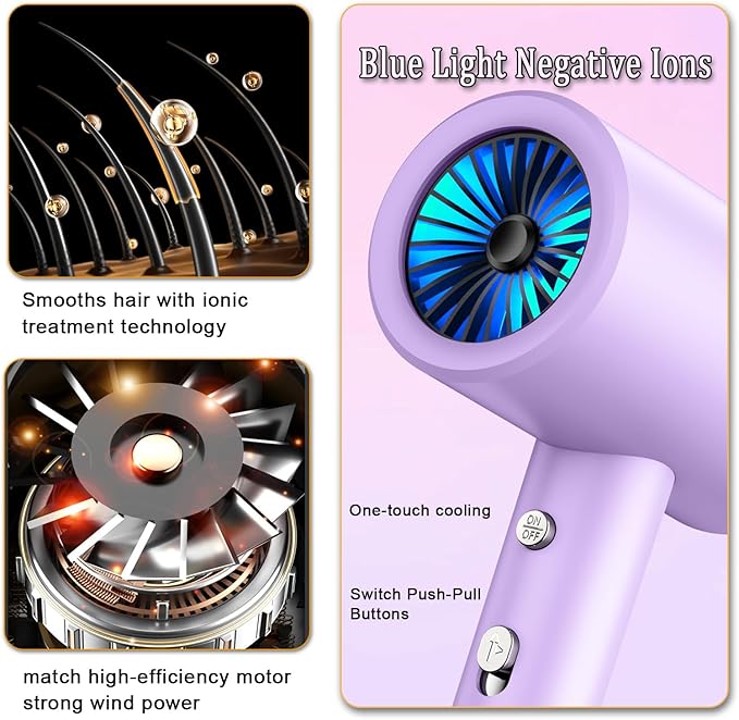 Salon Styling Hair Dryer with Wall Holder【Blue Light Negative Ions】 Fast Drying，High Power HairDryer for Home & Travel【Equipped 360 Rotatable Blow Dryer Stand 】 110V Matte Texture - Pearly White