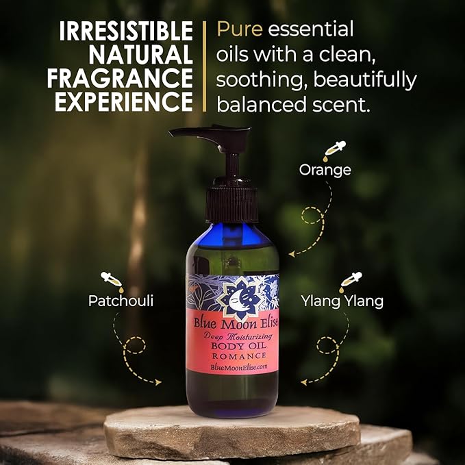 Blue Moon Elise Aromatherapy Body Oil - Hydrating Body Oil with Almond, Apricot & Coconut Oils - Scented with Pure Essential Oils for Women, Men & Dry Skin (Romance 4 oz)