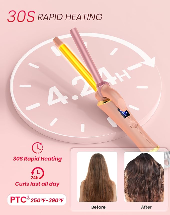 Ukliss Mini Curling Iron for Short Hair, Creates Perfect Tight Ringlets & Bangs, Fast Heat 30s, 5 Temp Settings, Dual Voltage, Auto Shut-Off & Anti-Scald Tip, Travel Friendly (Pink, 1/2 Inch)