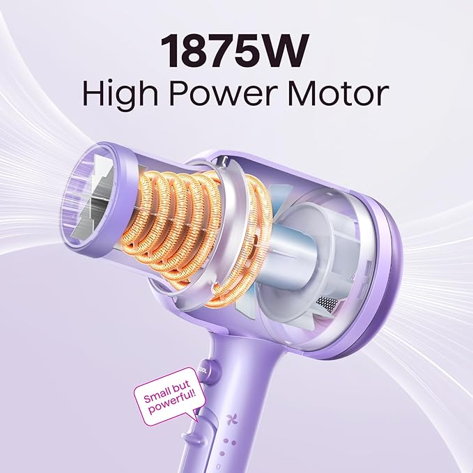 Wavytalk Blow Dryer with Diffuser, Blown Away Ionic Hair Dryer for Curly Hair with Comb, 1875W Fast Drying Blow Dryer with Ceramic Technology, 3 Attachments for All Hair Types, Light and Quiet, Purple