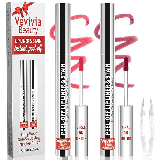 2pcs Lip Stain Peel Off - Lip Liner Stain Long Lasting Waterproof,2-in-1 Lip Liner with Tweezer Nude Matte,Non-Stick Cup,Highly Pigmented，Natural Finish,Stay On All Day,Perfect for Gift (Nude+Mauve)