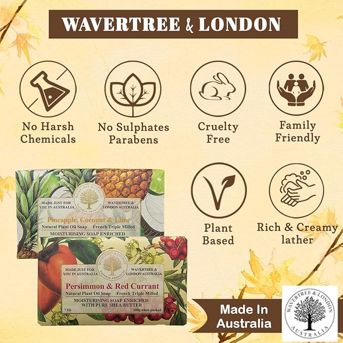Wavertree & London Duo Gift Box (2 Bars) - 7oz Persimmon & Red Currant, Pineapple & Coconut & Lime Scented Triple Milled Natural Soap Bars - Pure Plant Oil Soap Bars for All Skin Types