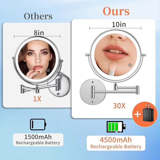 FUNTOUCH 10" 30X/1X Magnifying Wall Mounted Lighted Makeup Mirror, 4500mAh Rechargeable Double Sided Mirror, 3 Color Lights,Touch Dimmable, 360 Rotation Extended Arm with Adapter,Brush Nickel