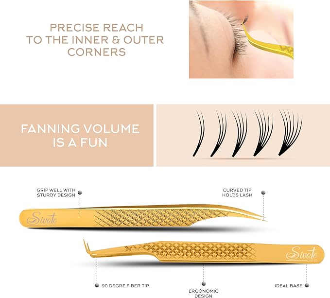 SIVOTE Eyelash Extension Tweezers Fiber Tips Japanese Steel, Set of 6 – Curved, Dolphin, 90° 45° Volume Boot & Slight Curved Tweezer – Professional Lash Tweezers for Lash Extensions Gold