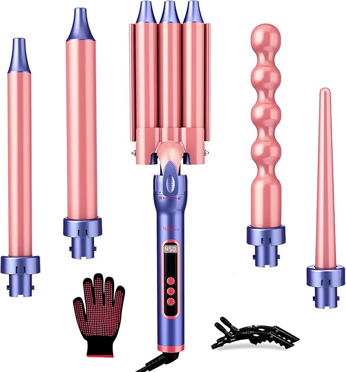 Brightup PRO 5-in-1 Curling Iron Wand with LCD Display, Ceramic Hair Waiver Curler with 3 Barrels & Negative Ions for Frizz-Free, Salon-Level Waves and Curls, Tangle-Free Swivel Cord