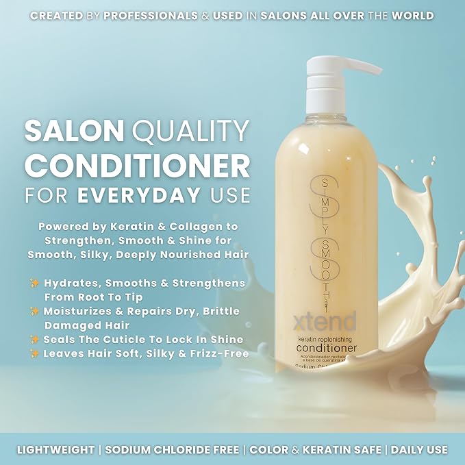 SIMPLY SMOOTH Xtend Keratin Replenishing Conditioner | Sulfate-Free Moisture Repair for Dry, Frizzy, Damaged Hair | Smooths, Softens, Strengthens, Color & Keratin Safe 33.8 Oz